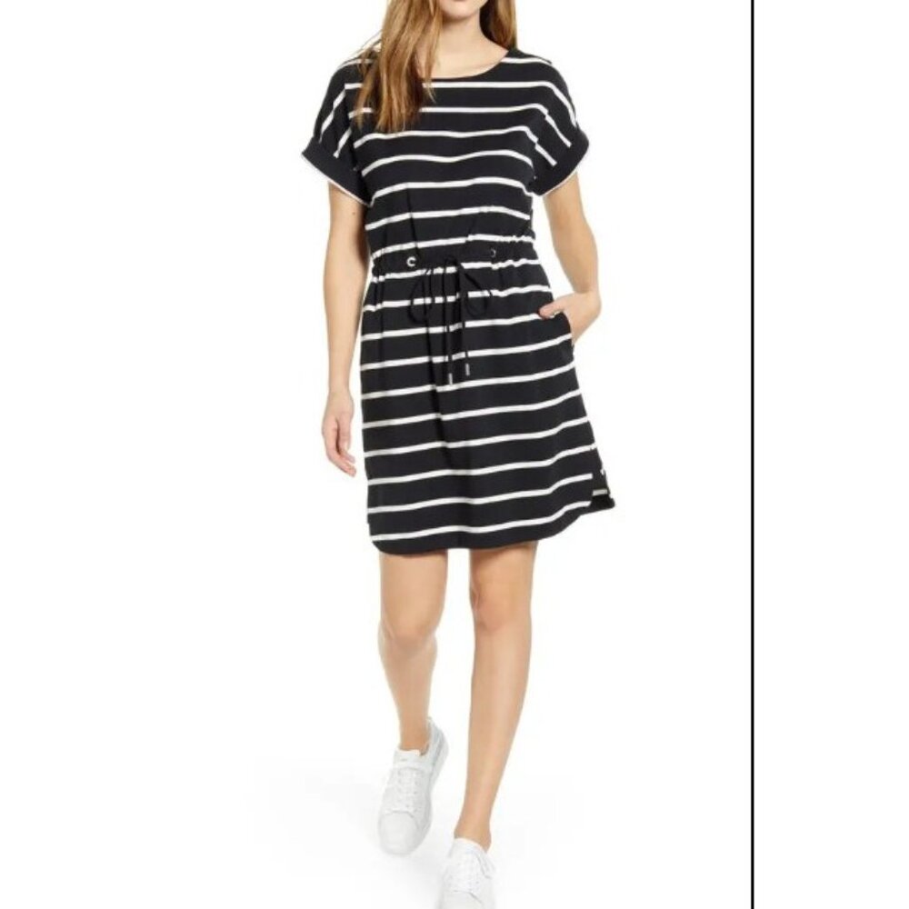 Tommy Bahama Sombra Stripe Tie Waist Dress Size Medium Black White Midi